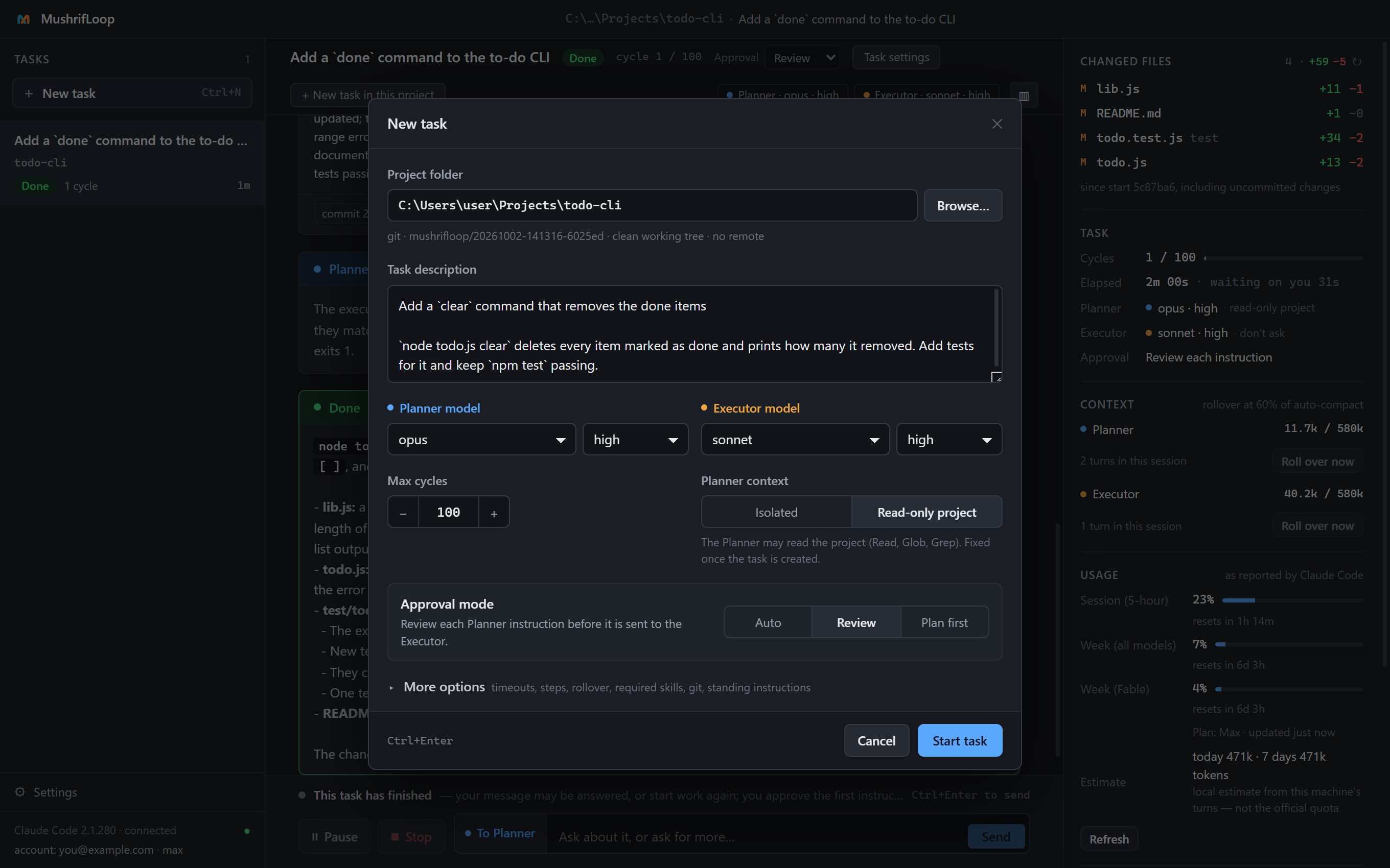 The New task dialog: project folder, task description, a model for each agent and the approval mode.
