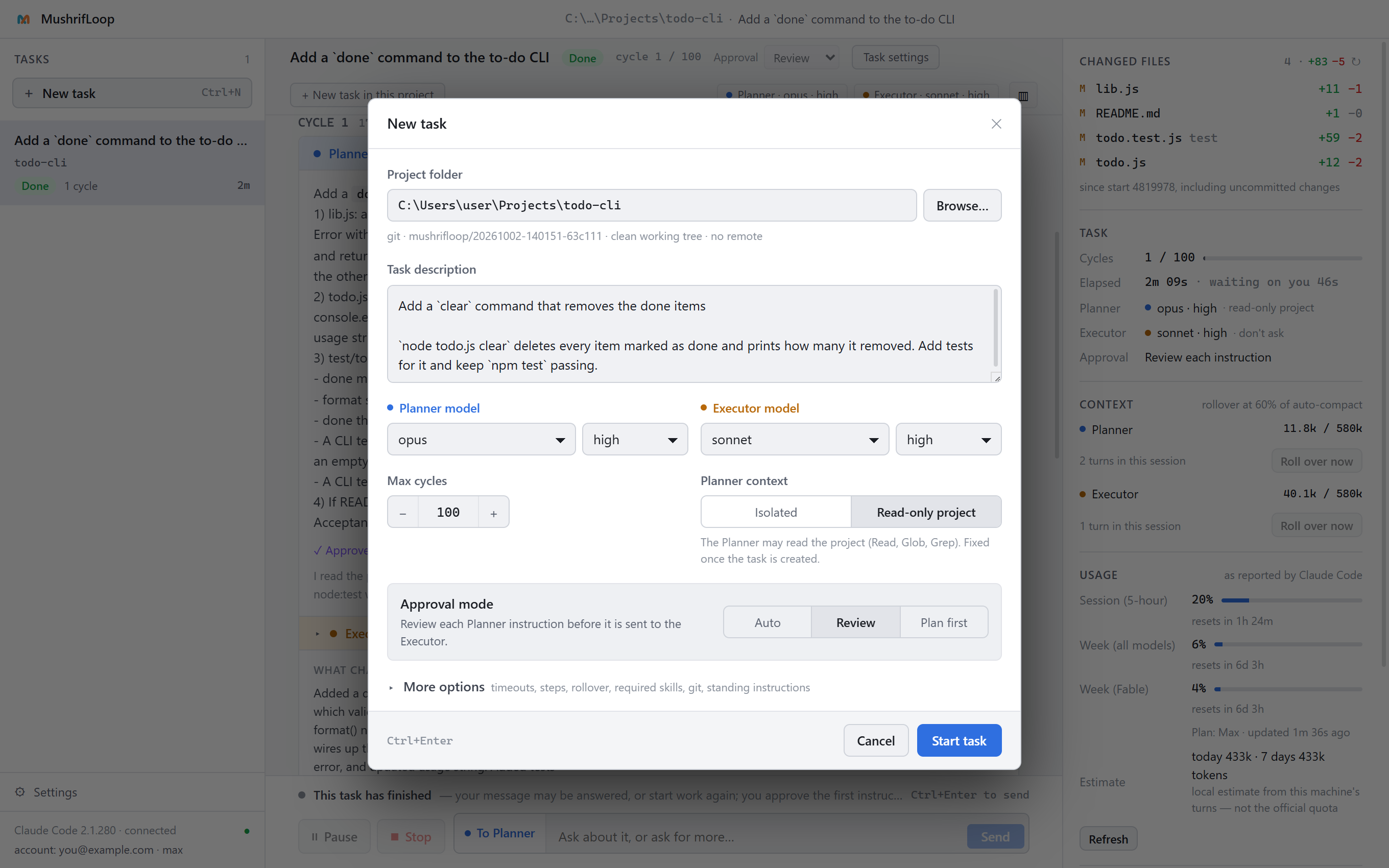 The New task dialog: project folder, task description, a model for each agent and the approval mode.